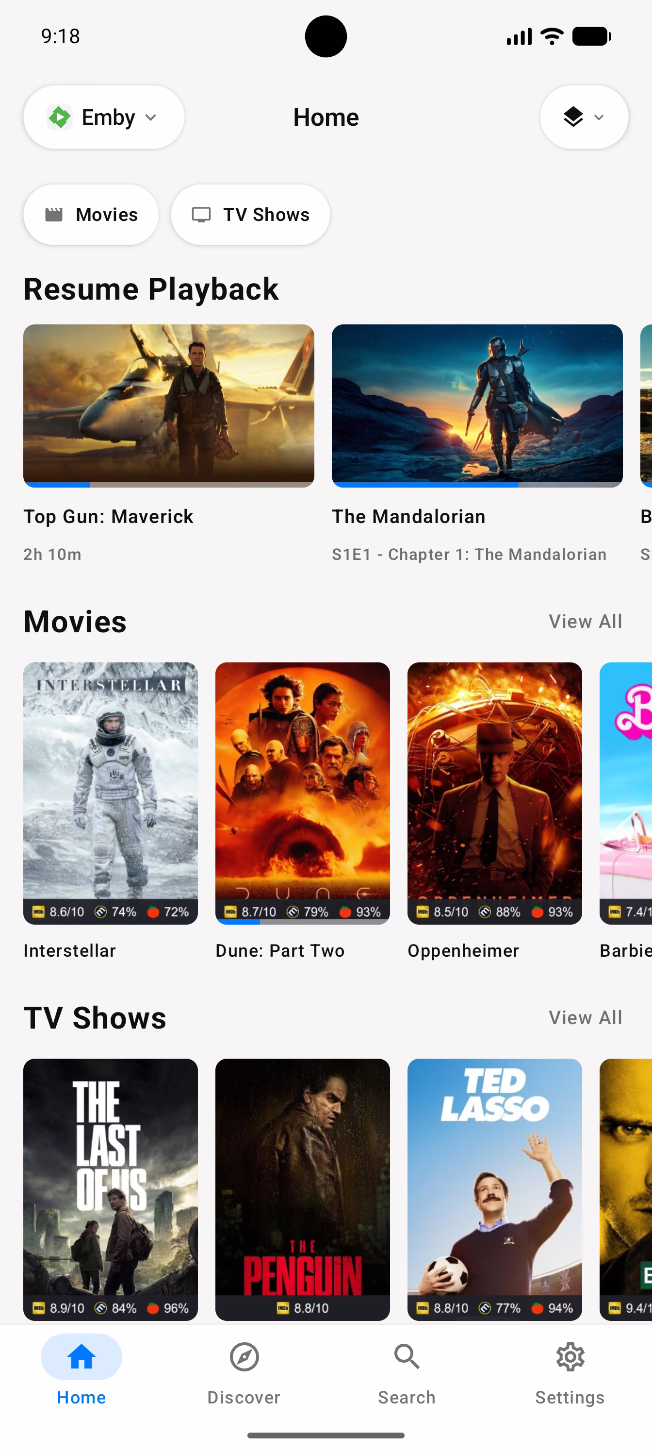 Riveo media library on an Android phone showing Emby movies and TV shows