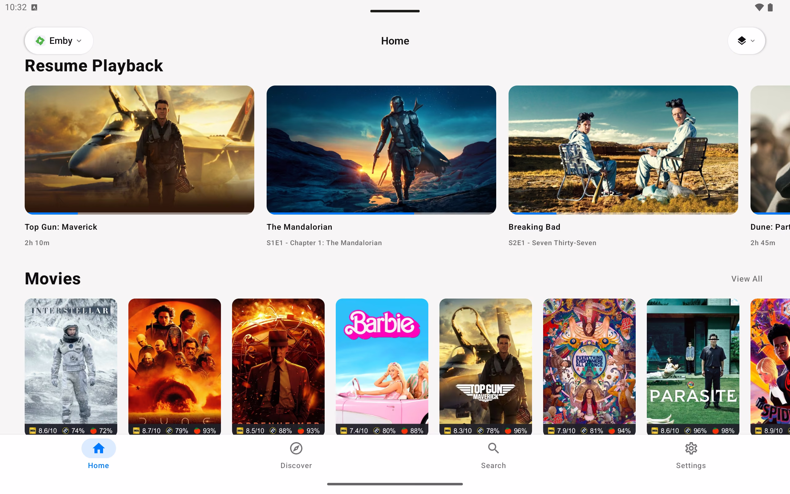 Riveo media library on an Android tablet showing Emby movies and TV shows