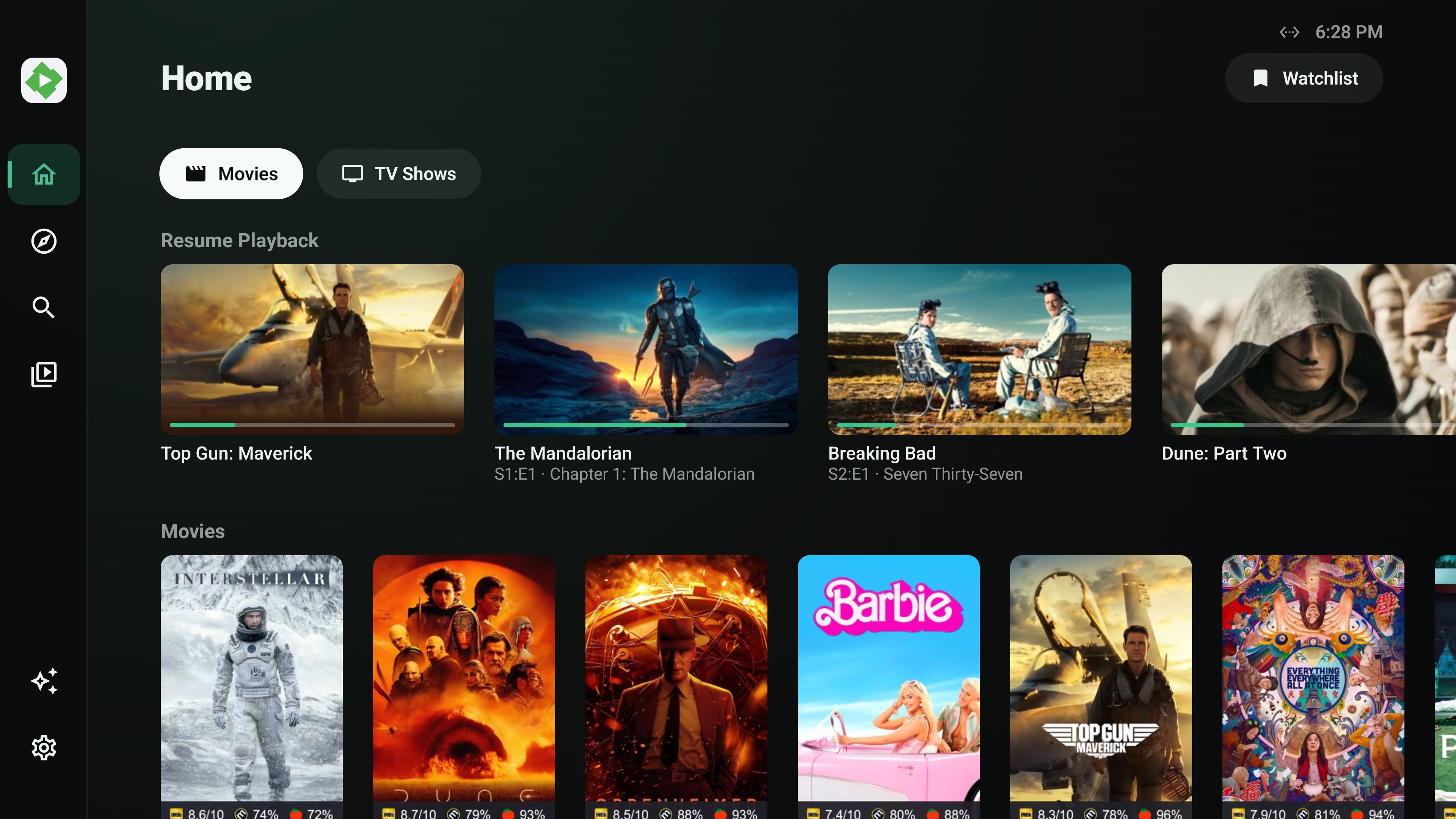 Riveo media player on Android TV showing the home library with movies and TV shows