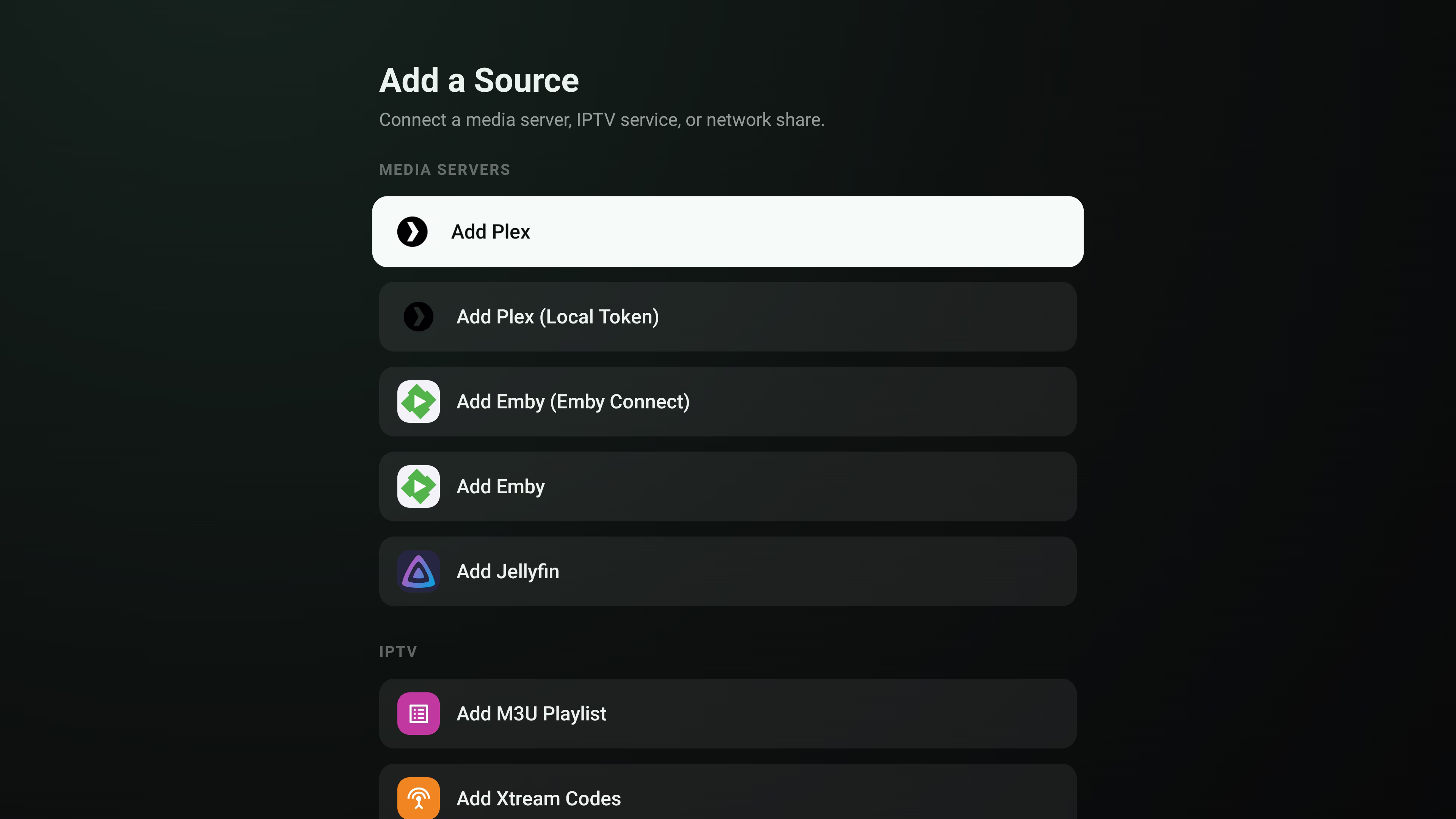 Add a Source on Android TV listing Plex, Emby, Jellyfin, M3U and Xtream IPTV playlists